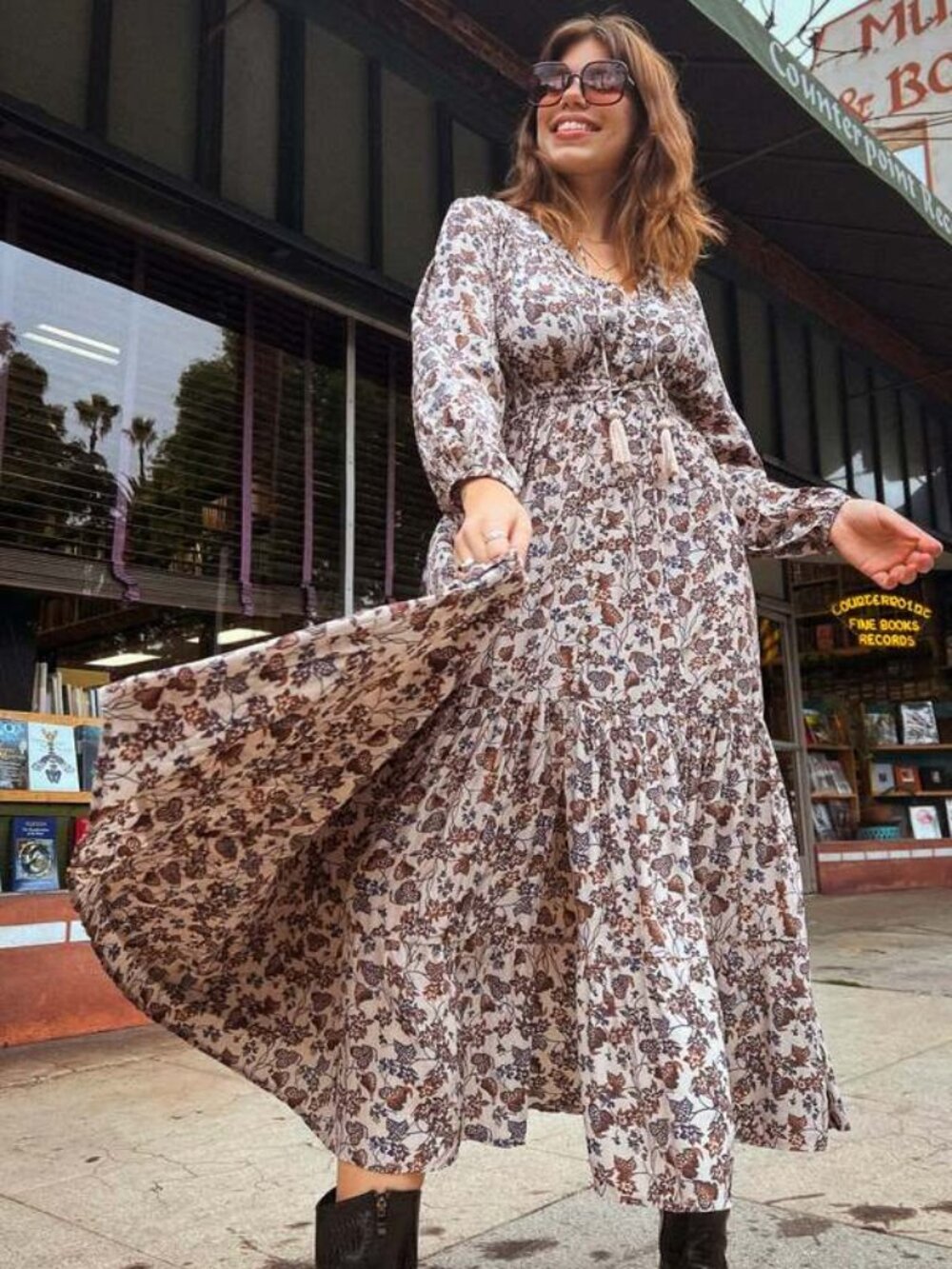 Elan Floral Tiered Long Sleeve Boho Midi Dress Tassel Neck